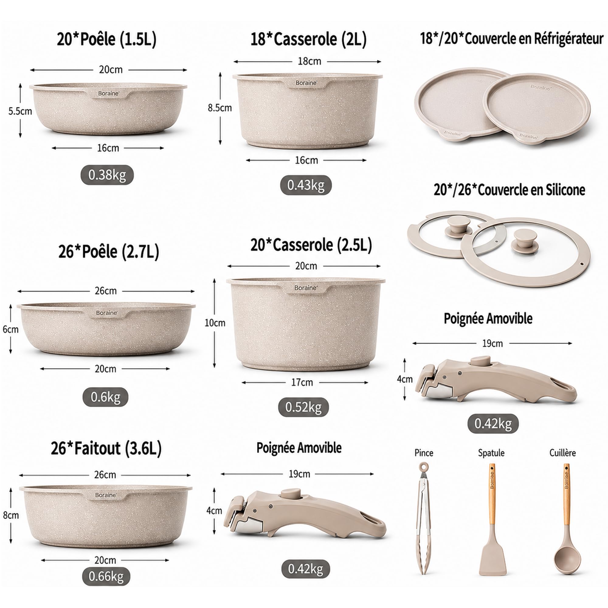BOREINE Batterie de Cuisine 14 Pce, Lot Casserole et Poele, Marron | Set avec Poignee Amovible et Couvercle, Antiadhésif en Granit sans PFOA, Compatible Tous Feux Induction Vitrocéramique Gaz