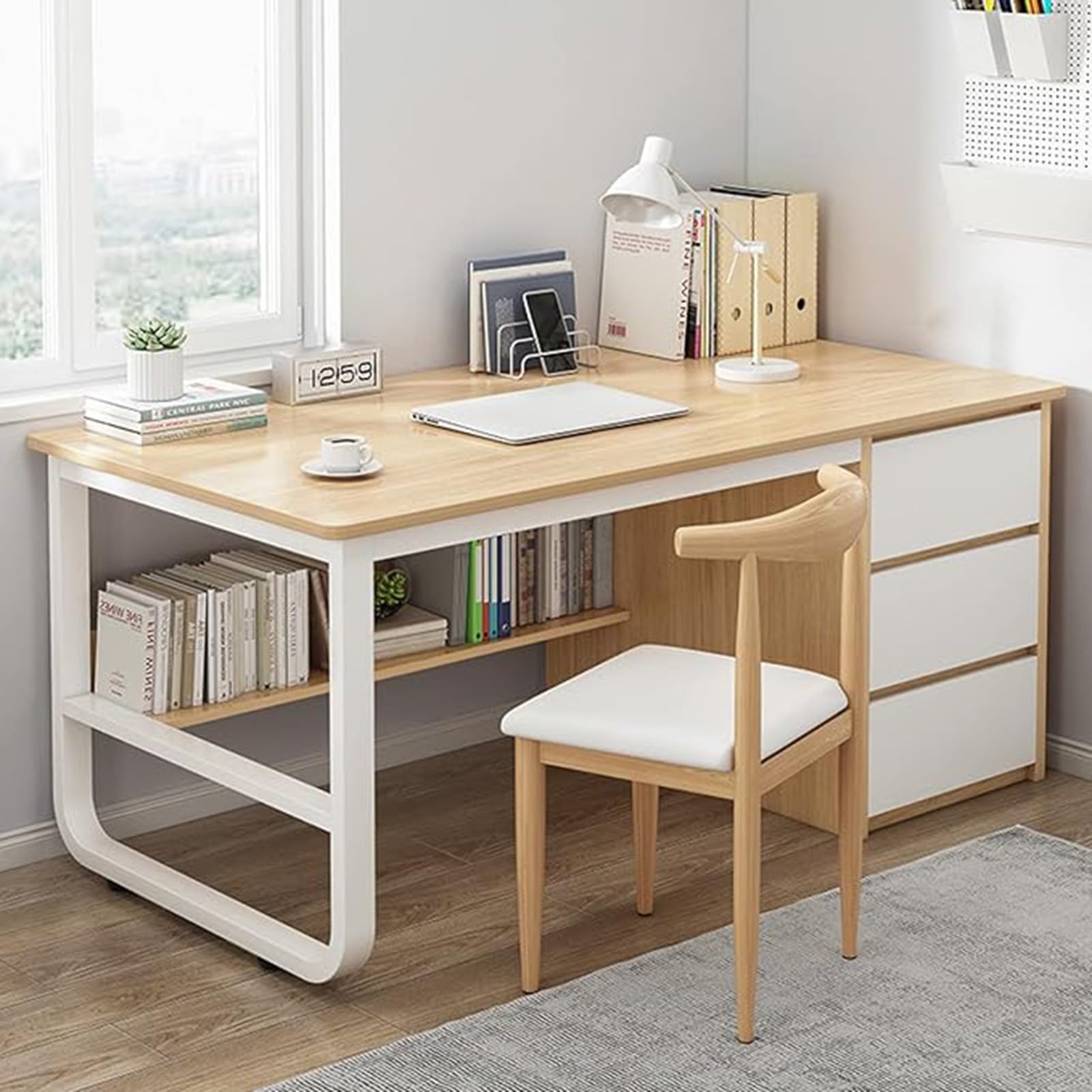 Escritorio De Ordenador Escritorio De Computadora con Compartimentos Y 3 Cajones Estación De Trabajo para Oficina En Casa Escritorio Elegante Y Funcional A,140CM