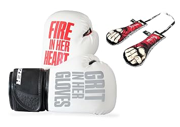 Mauzer Fire in Her Heart Women’s Boxing Gloves | Synthetic Leather, Locked Thumb, Wrist Support | Includes HY Geen Activated Charcoal Glove Deodorizer for Boxing & MMA Gloves (White + Red, 12 OZ)