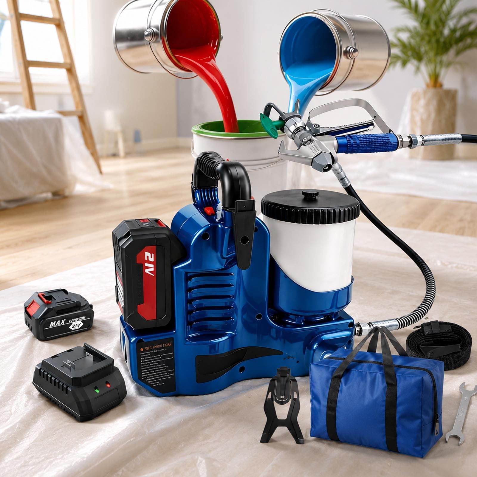 lealovengzh Professional Cordless Airless Paint Sprayer, 550W High Pressure Spray Gun with Dual Batteries, 6 Speeds, 1.2L Paint Hopper for Home DIY and Contractor Use