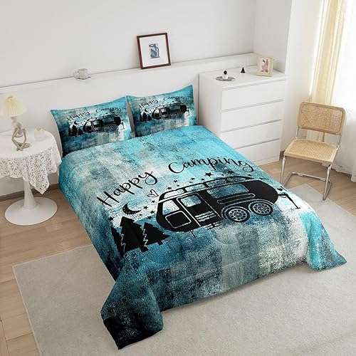 Miniatura 3 de Juego de edredón de campamento para niños y adultos, juego de ropa de cama de pintura al óleo verde azulado, tamaño King, relleno de edredón rústico
