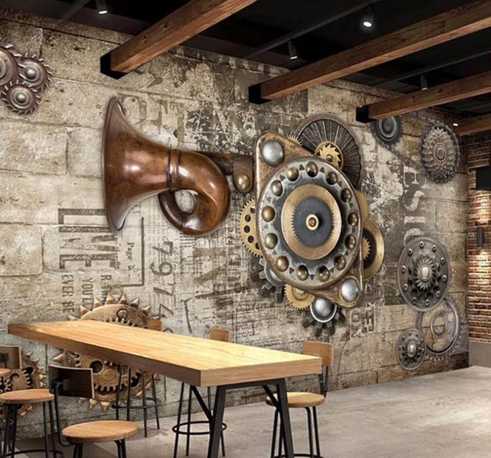 Wallpaper-3D-Xlm 400Cm×280Cm(B×H) Vintage Brick Wall Metal Gears Industrial Style 3D Wallpaper Easy Install Feature Office Living Room Sofa Bedroom Tv Background Wall Decoration-400Cm×280Cm