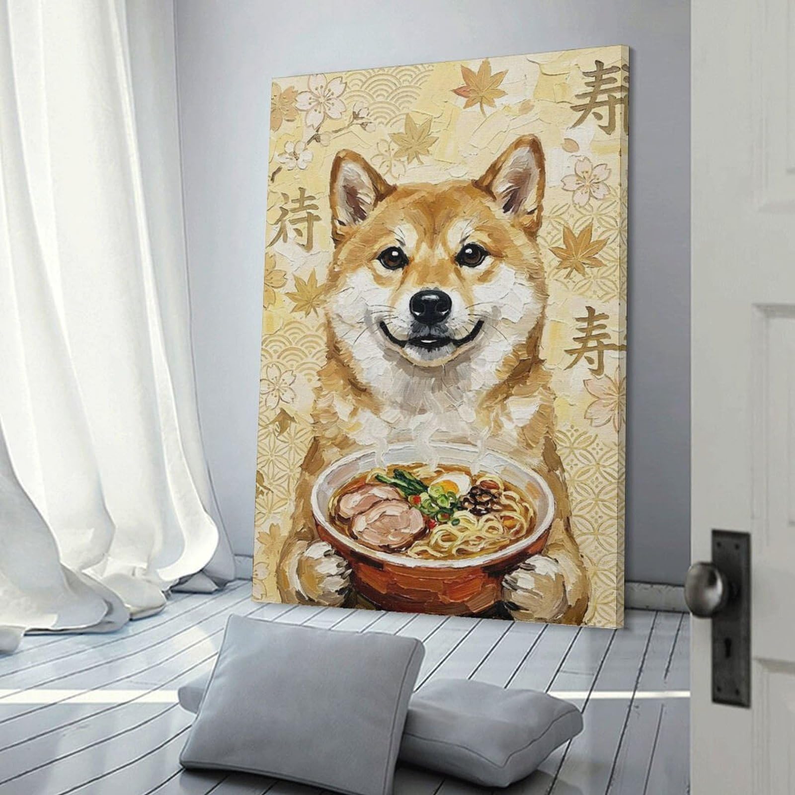 Junmoney Frame-Style-5-1 Shiba Inu With Ramen Painting Canvas Wall Art 20X30inch(50X75cm), For Art Walls, Layered Displays Or Homes, Decorative Artwork With Flexible Styling