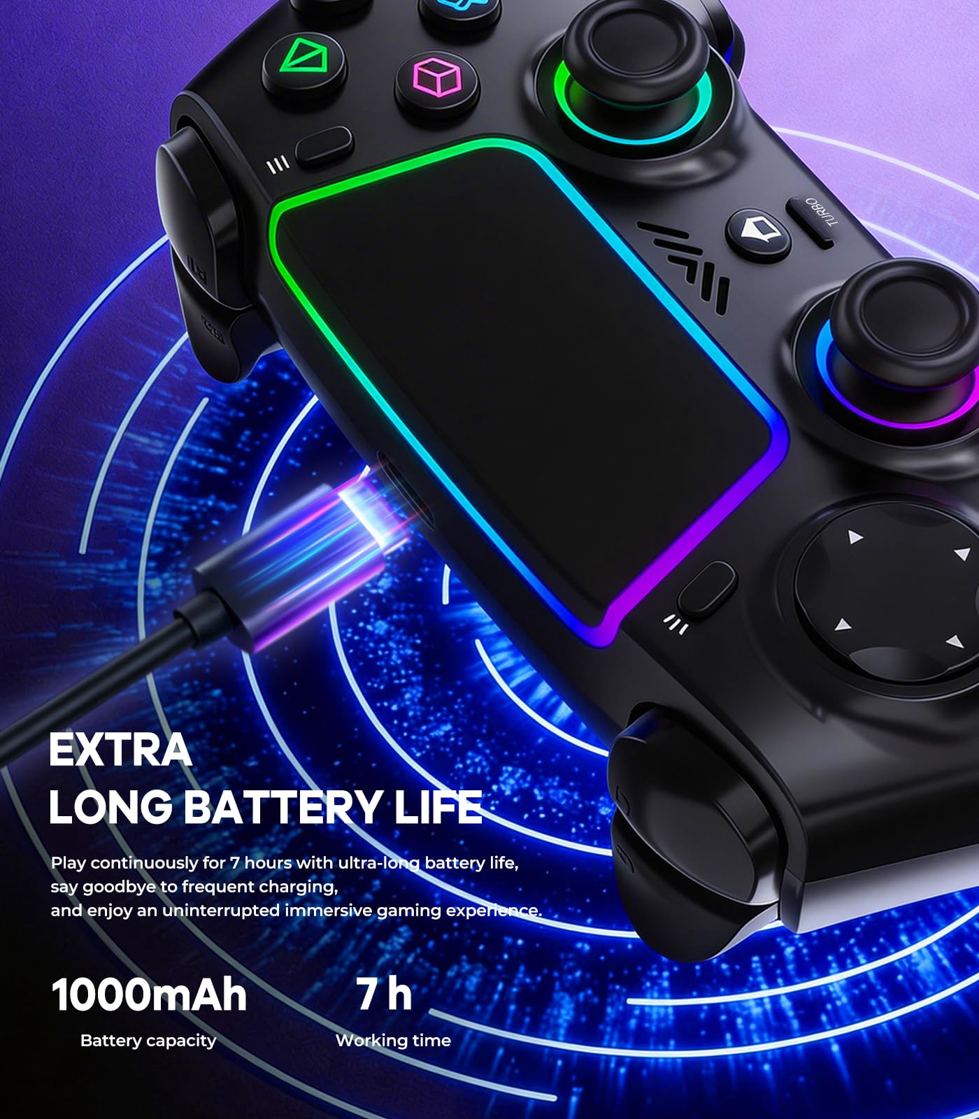 SZPACMATE Manette sans fil pour PS4/PS3/Switch/PC/iOS/Android/Steam Deck, avec 8 éclairage RGB/Joystick Effect Hall/Batterie 1000 mAh/Turbo/Double Vibration/Programmable/Poignées Antidérapantes