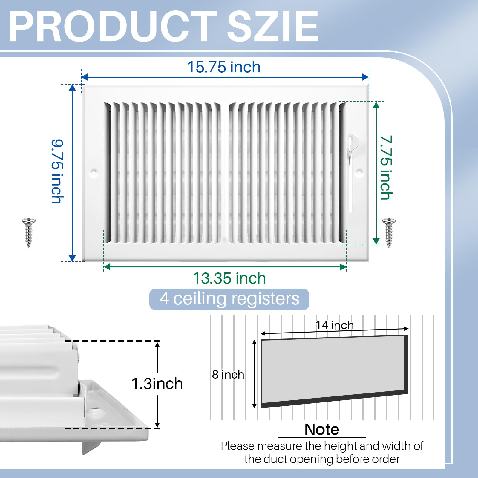 Zonon 4 coperture per sfiato dell'aria da 35,5 x 20,3 cm (dimensioni interne), griglia di apertura del condotto dell'aria, diffusore a 2 vie, in acciaio, per pareti laterali e soffitti, regolazione