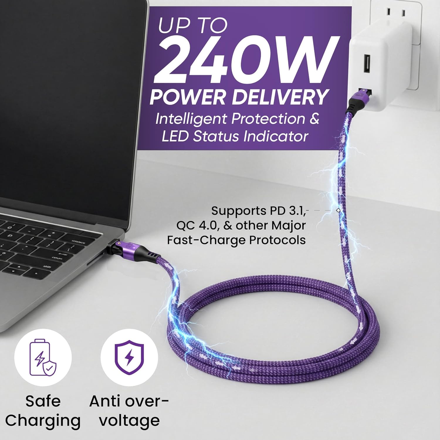 USB Cable Type C to C 180° Rotation PD 240W (1- Pack 3.3ft) USB2.0 480MBPS & Data Transfer Cable Phone Charge Cord for Type C Devices (Purple) - Image 3