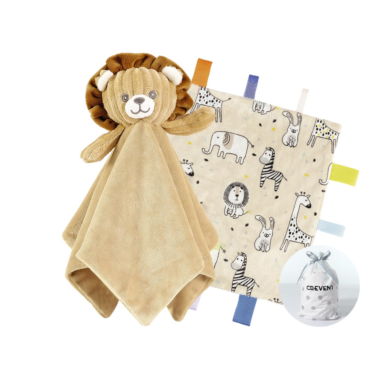 CREVENT Cozy Plush Baby Security Blanket, Loveys for Baby Girls and Boys, Birthday (Lion + Tag)