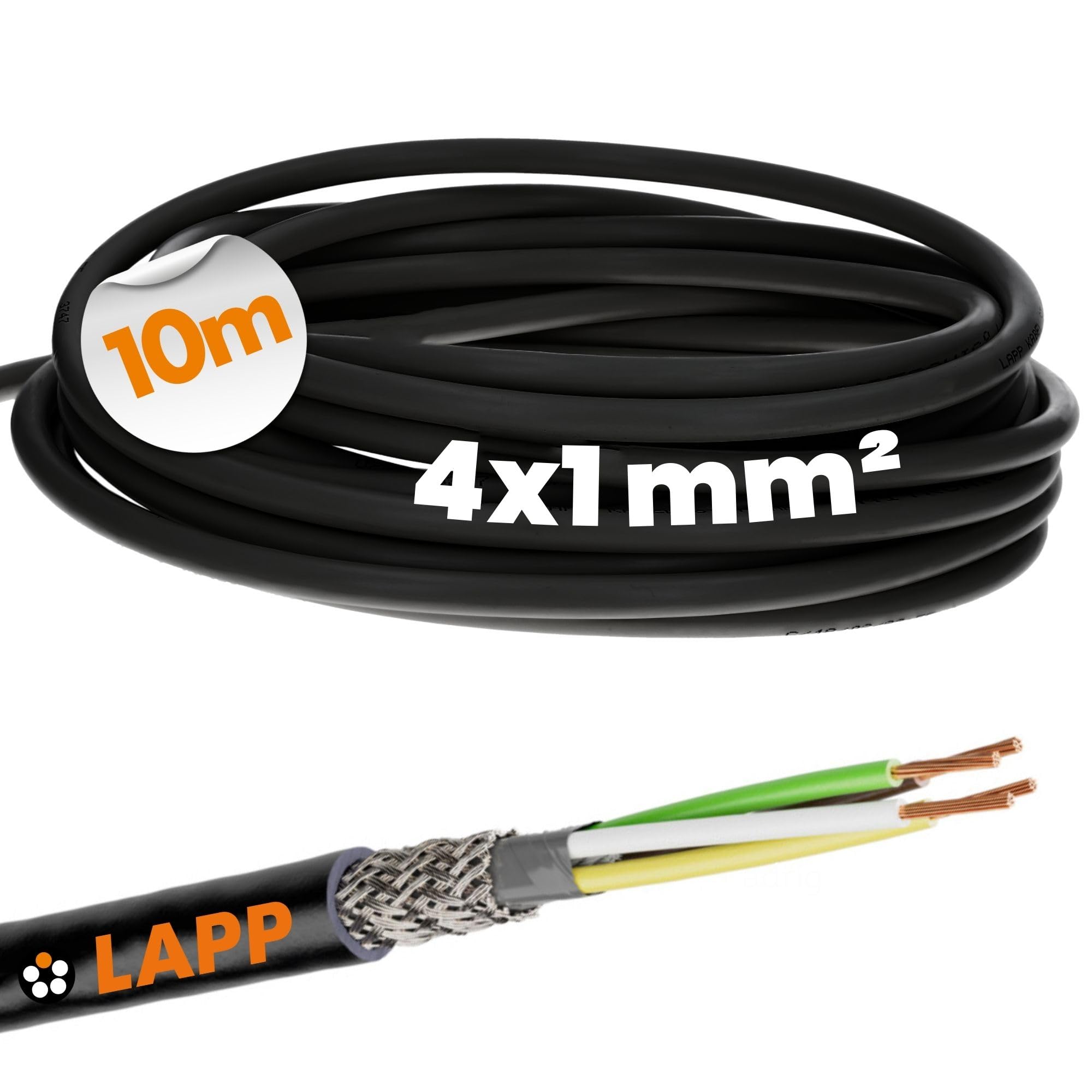 Lapp 10m Cable de Control LiYCY 4x1 mm² Apantallado para Señal y Datos | Línea de instalación negra resistente a UV y flexible, apta para exteriores, informática y circuitos de baja tensión.