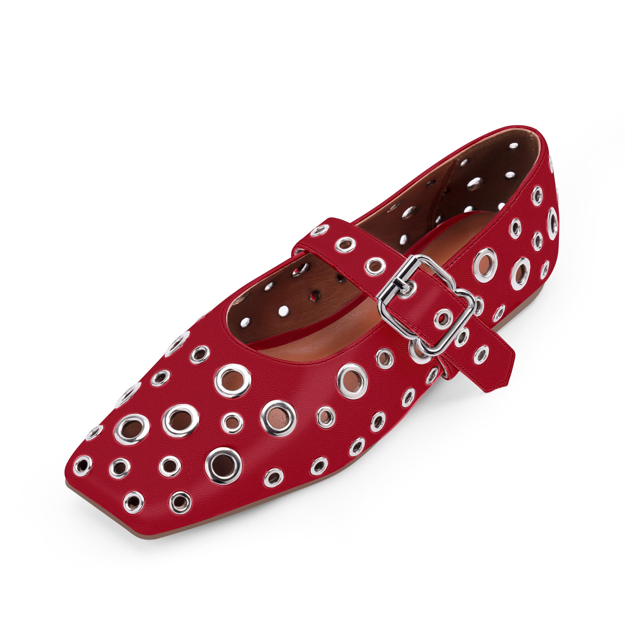 Odetina Women's Ballet Flats Studded Metal Eyelet Buckle Perforated Mary Jane Shoes