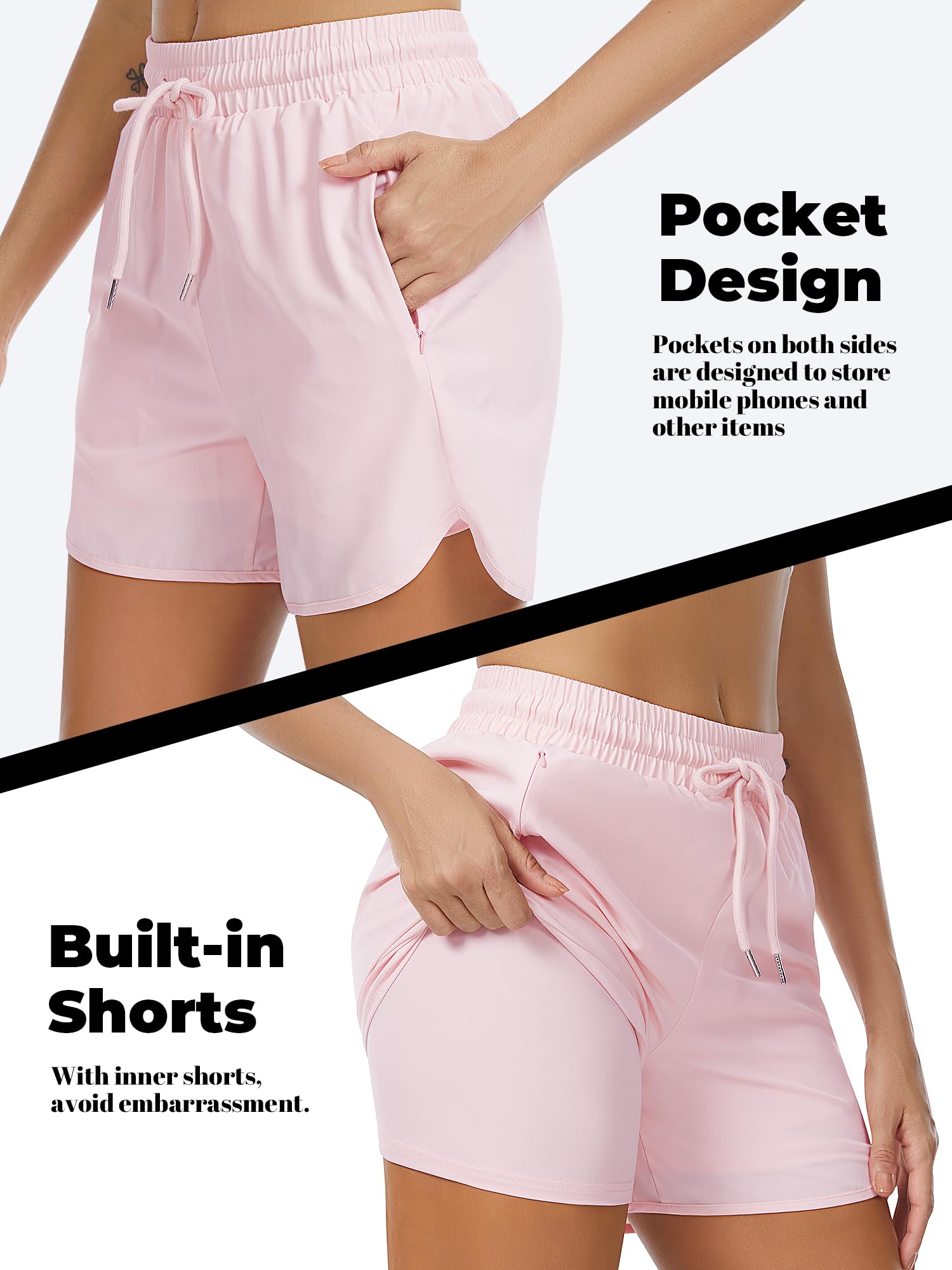 Sporthose Damen Kurz Shorts Laufshorts Damen mit Liner 2 in 1 Kurze Hose Sommer Leicht mit Reißverschlusstaschen