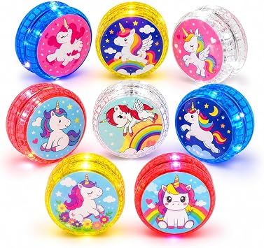 8 PCS Unicorn Light Up Yo-Yo Set for Kids   Automatic Return Beginner Yoyo Toys with String, Glow in Dark Reactive Yoyo, High Speed Bearing Skill Toy Party Favor for Boys & Girls 5.5cm