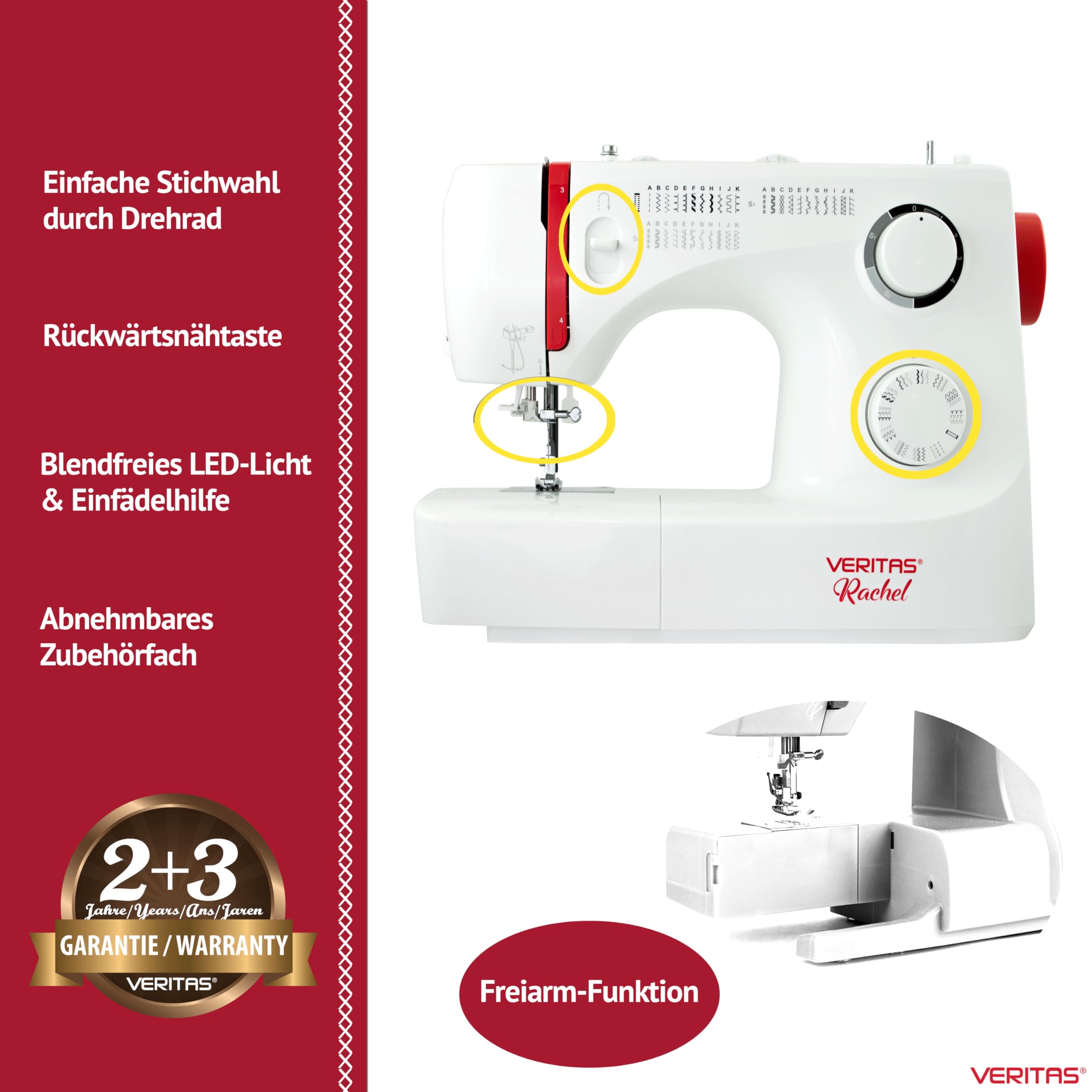 VERITAS Nähmaschine Rachel I 32 Stichprogramme I Einfädelhilfe I Einstellbare Stichlänge & Stichbreite I Auto-Fadenspannung & Fadenabschneider I LED-Nählicht I Mechanische Nähmaschine (weiß)