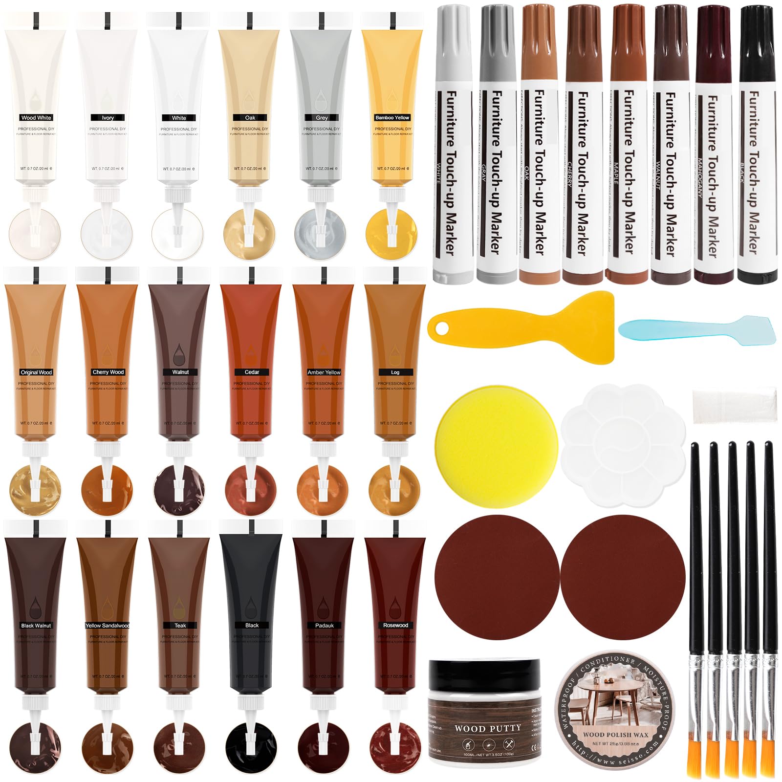 DEWEL Kit de Reparación para Laminado, Set 40, Masilla de Madera 50g, 18 Colores Rellenos de Madera y 8 Colores Marcadores de Retoque de Tabla, para Agujeros Grietas de Muebles Suelo de Madera