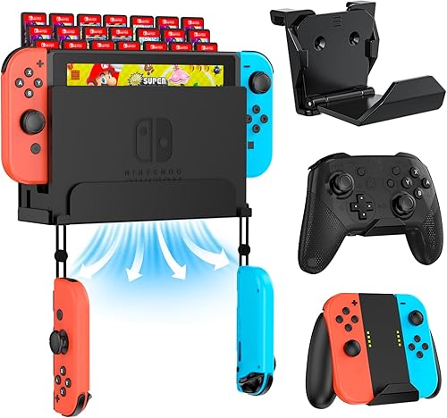 KUNSLUCK Soporte de pared para Nintendo SwitchSwitch OLED con 2 controladores de montaje de pared y 28 tarjeteros de juego, almacena de forma segura
