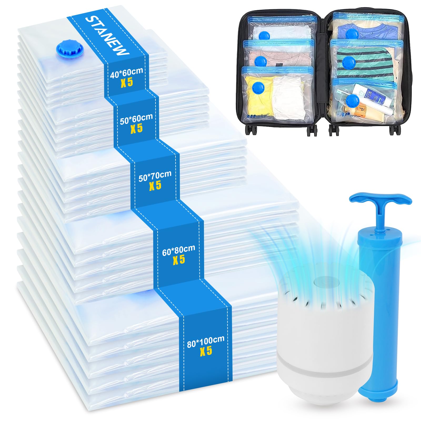 STANEW Vacuum Storage Bag 25 Pcs Large Deluxe Zipper, Reusable Compression Bags Space Saver with Electric Pump and Hand Pump, Vacuum Bag Use for Duvets, Pillows, Blankets, Curtains, Travel, Clothes