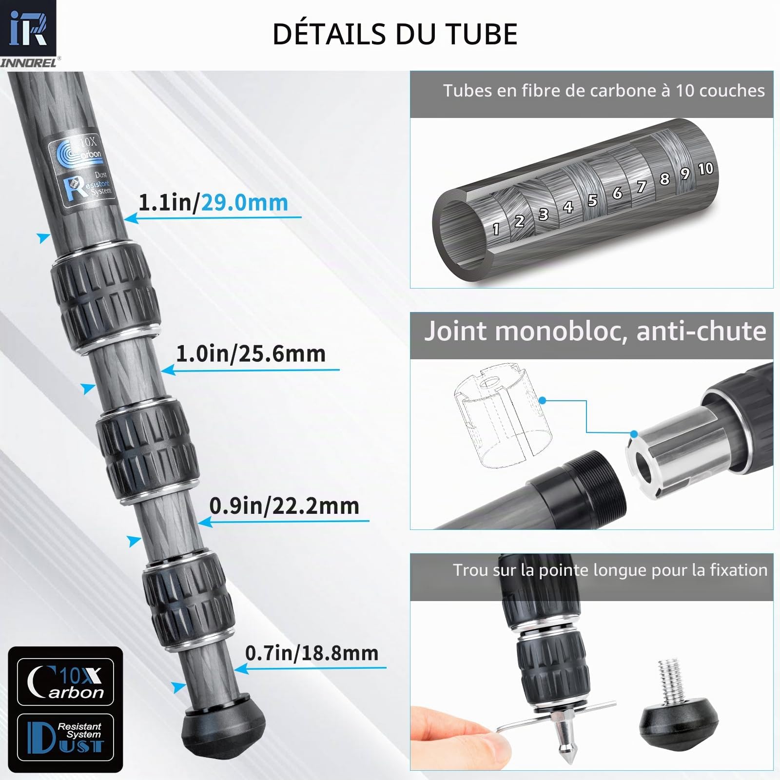Trépied en Fibre de Carbone - INNOREL CT75C Trépied Compact Professionnel Support de caméra Lourde pour caméra vidéo DSLR avec tête de Bille à Basse gravité de 36mm et Colonne Centrale Tube de 29 mm