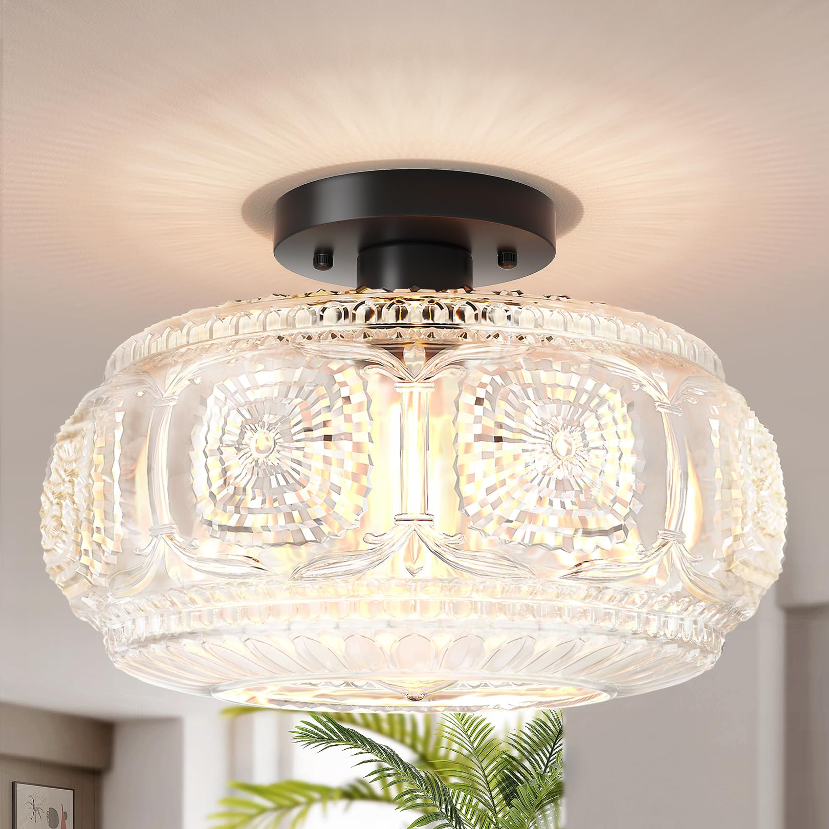12 Inch Globe Glass Semi Flush Mount Ceiling Light Fixture, Black