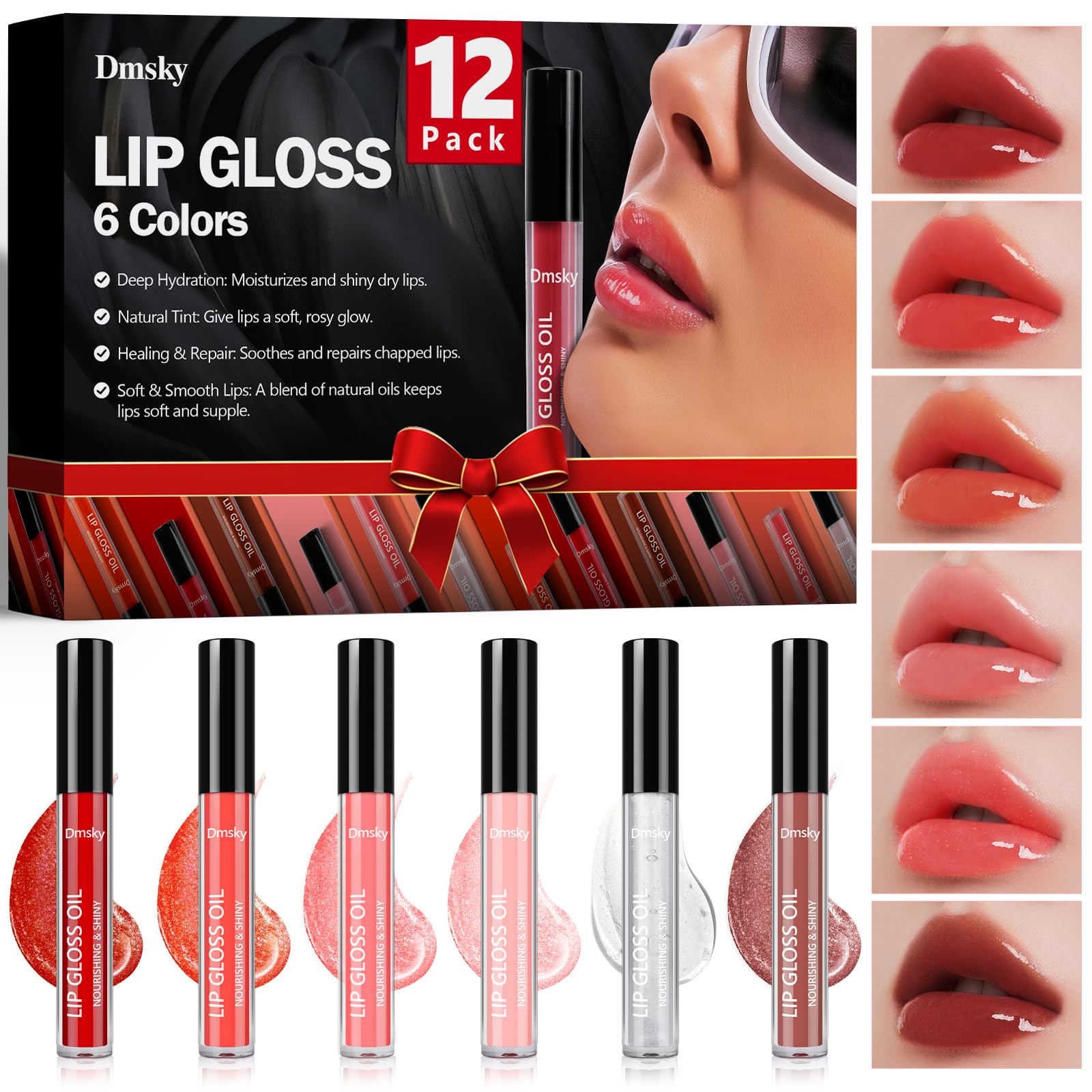 Dmsky 12 Pack Lip Gloss Set, 6 Colors Shiny Soft Lip Gloss Bulk, Lip Oil for Dry Cracked Lips Moisturizing Nourishing,Lip Stain With Rich Varied Colors For Girls and Women Makeup 0.07 Fl Oz (Pack of 12)