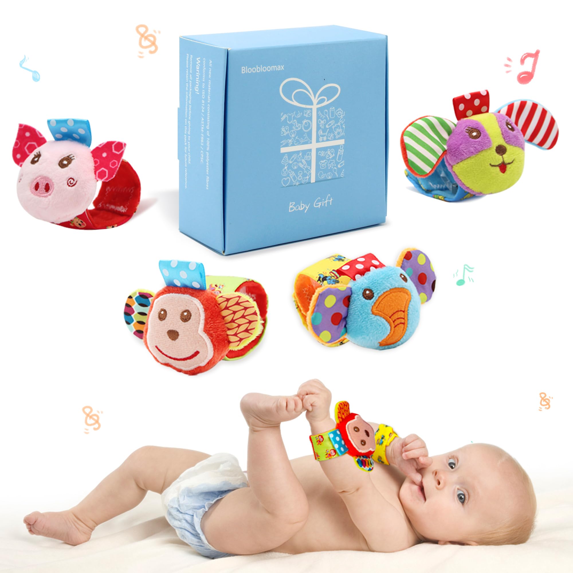 Wrist rattles for Babies 0-24 Months Baby Animal Hand & Foot Finder Educational Toys (4W)