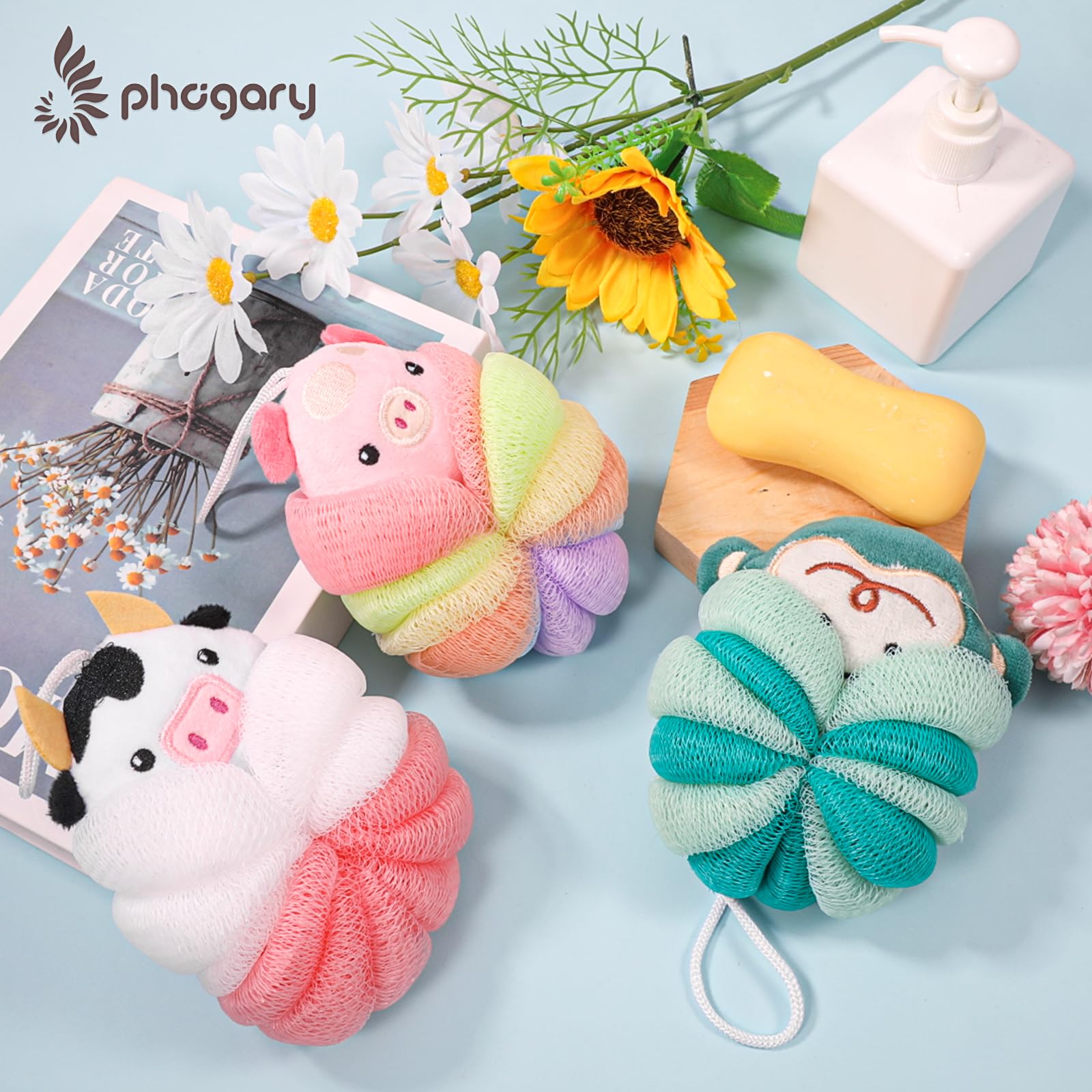 PHOGARY Lot de 3 Fleur de Douche Lavable pour Enfants, Fleur de Bain Adorables pour le Corps, Pouf de Douche en Forme d'Animal Éponges Luffa, Gommage pour le Corps Éponge en Maille pour Enfants-B
