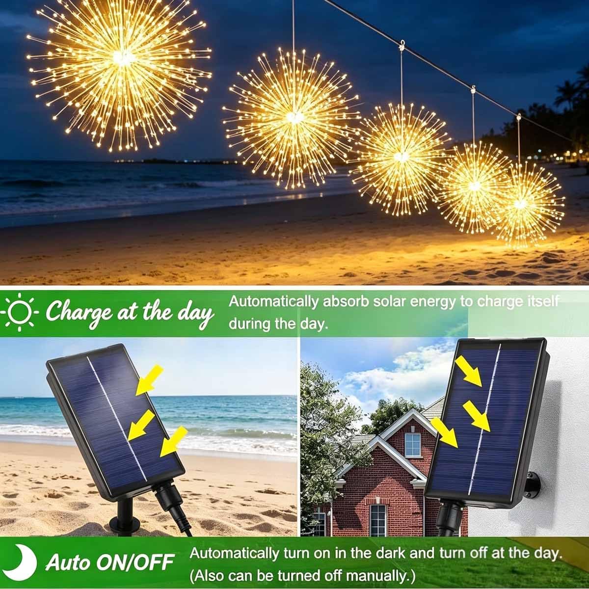 8/6/4-Pack Solar Fireworks Lights (960/720/480 Lights), 8 Colors, Waterproof and Sunproof, Remote Control, Outdoor Garden Decoration, for Flower Beds, Paths, Parties Decorations (4 PCS)
