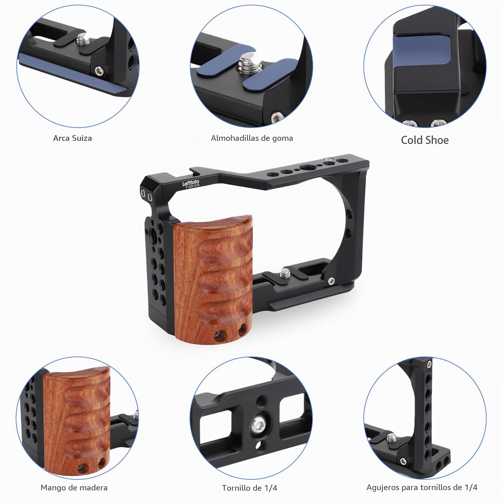 Leftfoto Jaula de metal mejorada con mango de madera para accesorios de grabación de video Sony Alpha ZV-E10, micrófono de zapata fría y extensión de luz