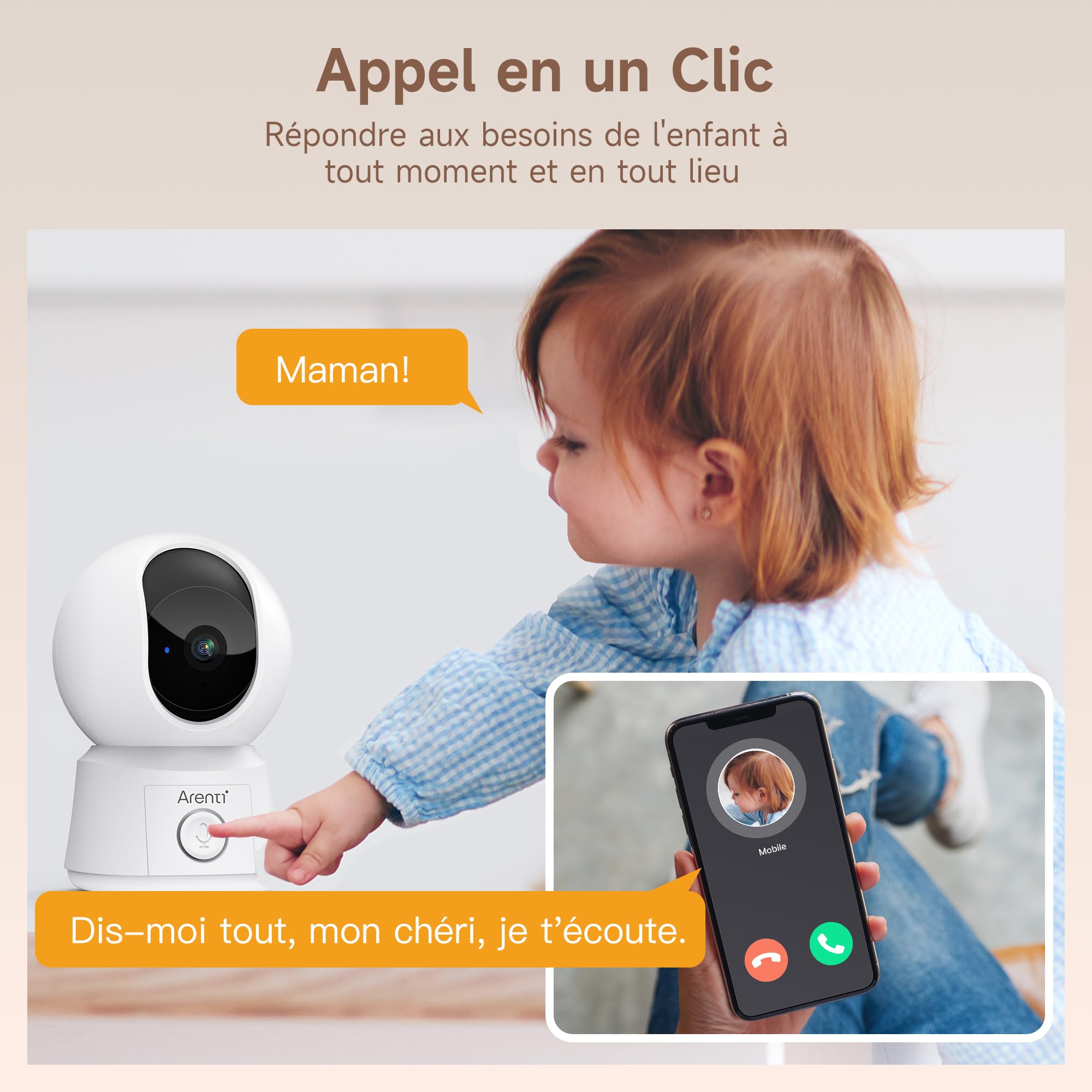 ARENTI Babyphone Camera Bébé, Baby Phone Vidéo Connecté Smartphone, Baby Moniteur Vidéo avec VOX, Détection de Température, Alertes Intelligentes/Vision Nocturne/Suivi Automatique