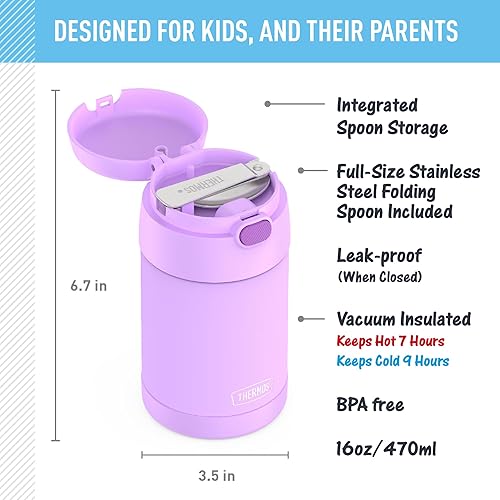 Miniatura 2 de THERMOS FUNTAINER Tarro de alimentos de acero inoxidable aislado al vacío de 16 onzas con cuchara plegable, morado neón