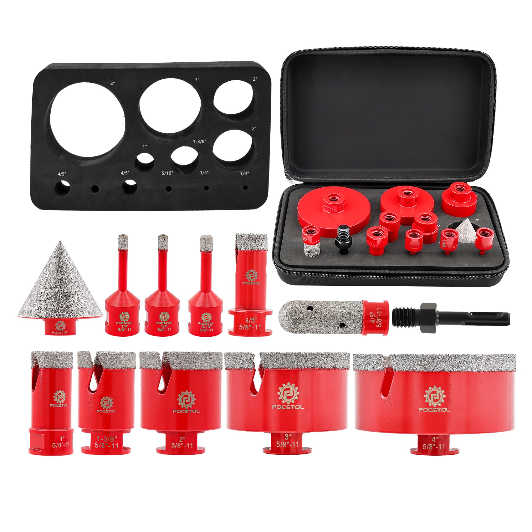 FOCSTOL Diamond Core Drill Bit Set - 12pcs (6/6/8/20/25/35/50/75/100mm+20mm Finger Milling Bit+50mm Beveling Chamfer Bit+SDS) Diamond Hole Saw Kit for
