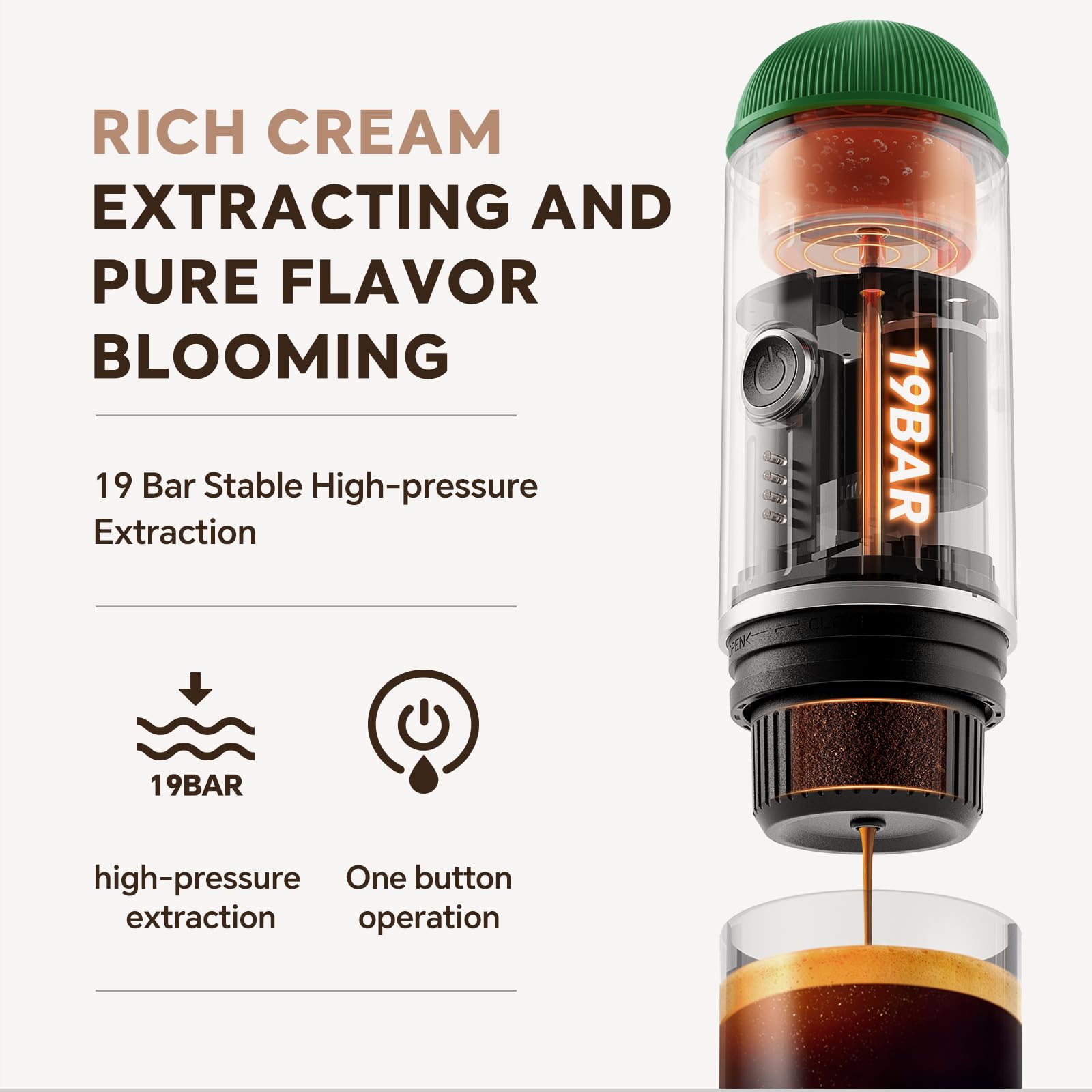 i Cafilas Rich Crema - Cafetera espresso eléctrica portátil, para viajes, coche, senderismo, sistema de extracción 2 en 1, autocalentamiento rápido, máquina de espresso, compatible con café molido y