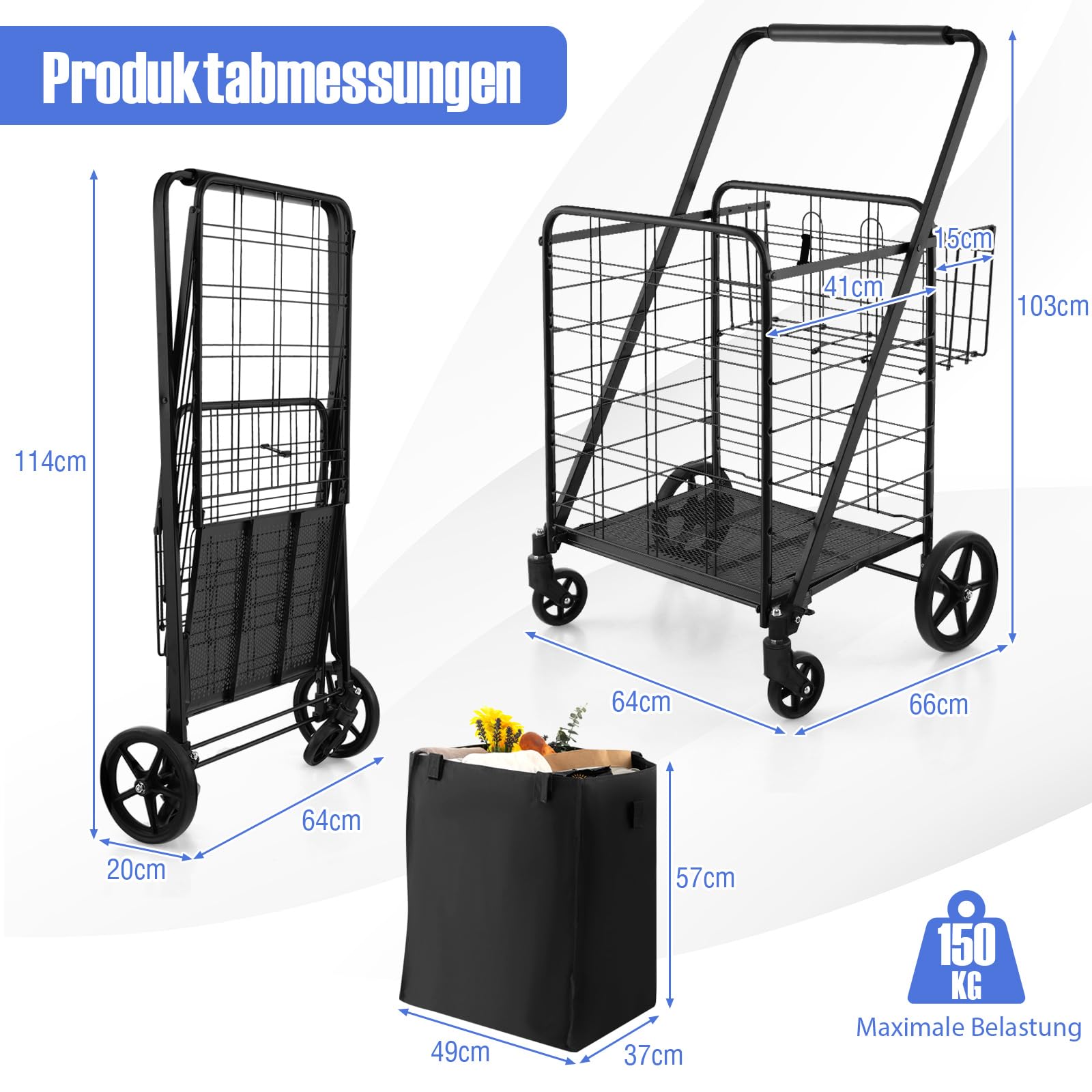 COSTWAY Einkaufstrolley Klappbar, Einkaufswagen auf Rollen mit Abnehmbarer Oxford-Tasche & 2 Körben, Handwagen 150kg belastbar, Rollwagen Allzweckwagen für Wäsche Einkaufen Gepäck(Schwarz)