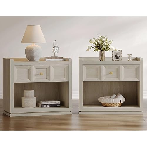 SICOTAS Night Stand Set 2, 26" Wide Nightstands with Drawer, Large Queen Size Nightstands Set of 2, Modern Bedside Table for Bedroom, Side End Table, Grey White Oak