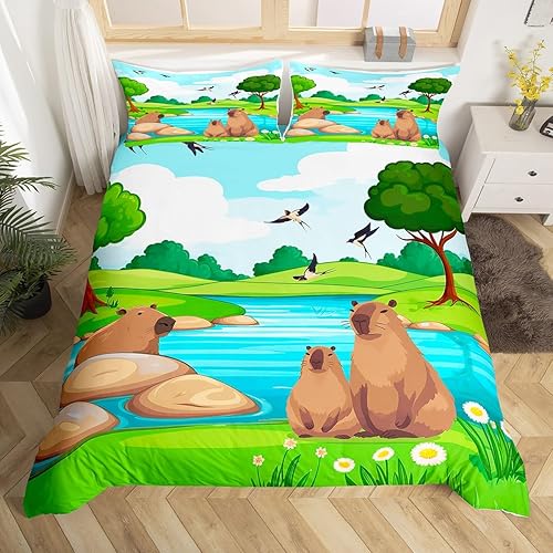 Juego de ropa de cama de Capybara para niños pequeños, fundas de edredón de animales salvajes de dibujos animados para niños y niñas, funda de