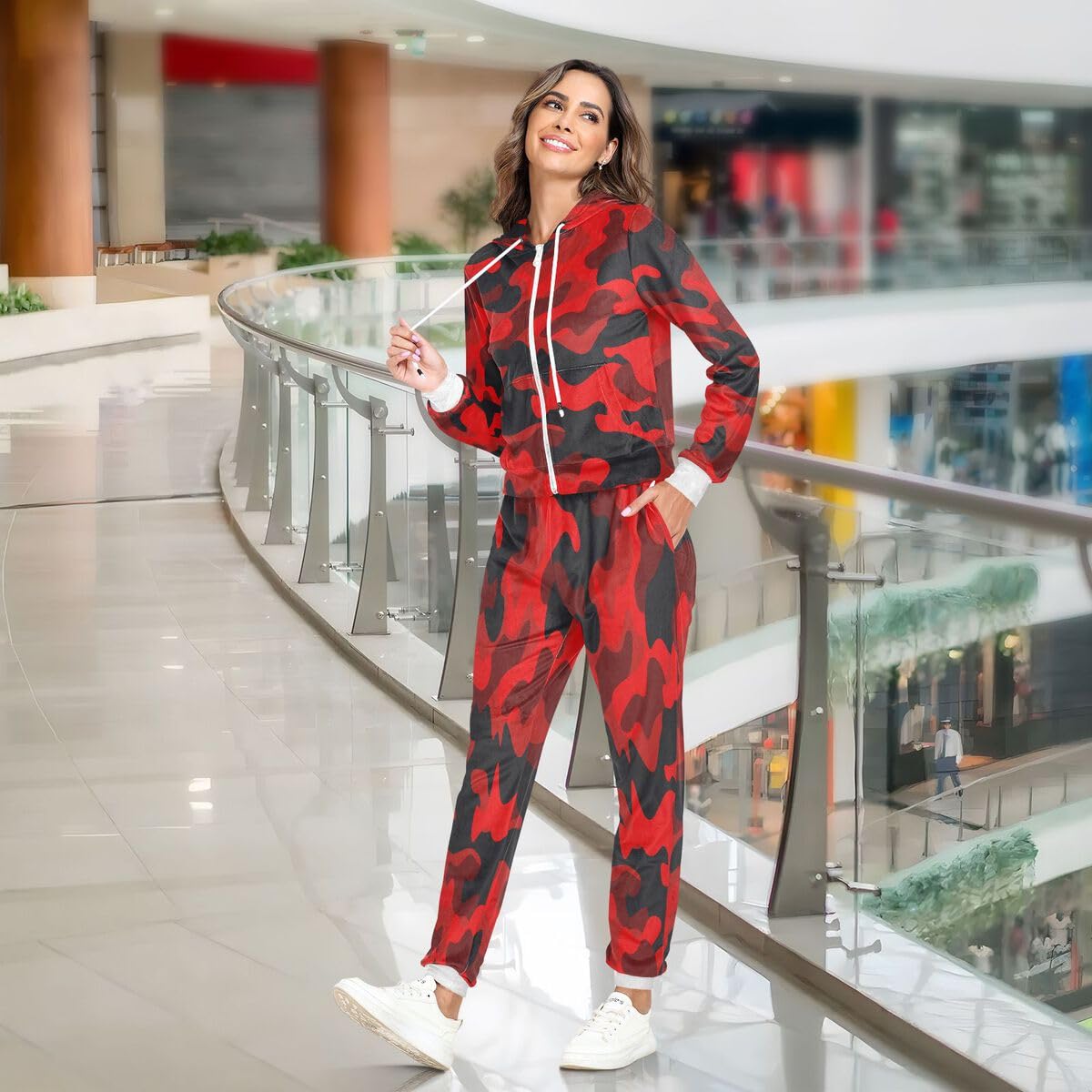 Conjunto deportivo de 2 piezas para mujer, diseño de camuflaje militar rojo, manga larga, conjunto deportivo de camuflaje