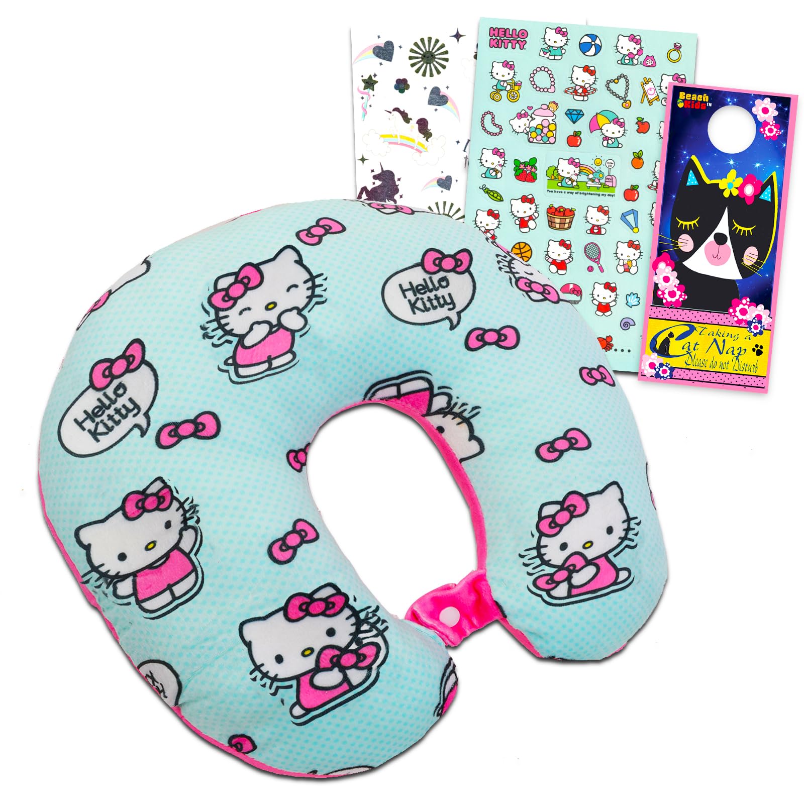 Hello Kitty Travel Neck Pillow - Bundle with Hello Kitty Neck Pillow for Airplane, Car, Office, More Plus Stickers, Tattoos, More