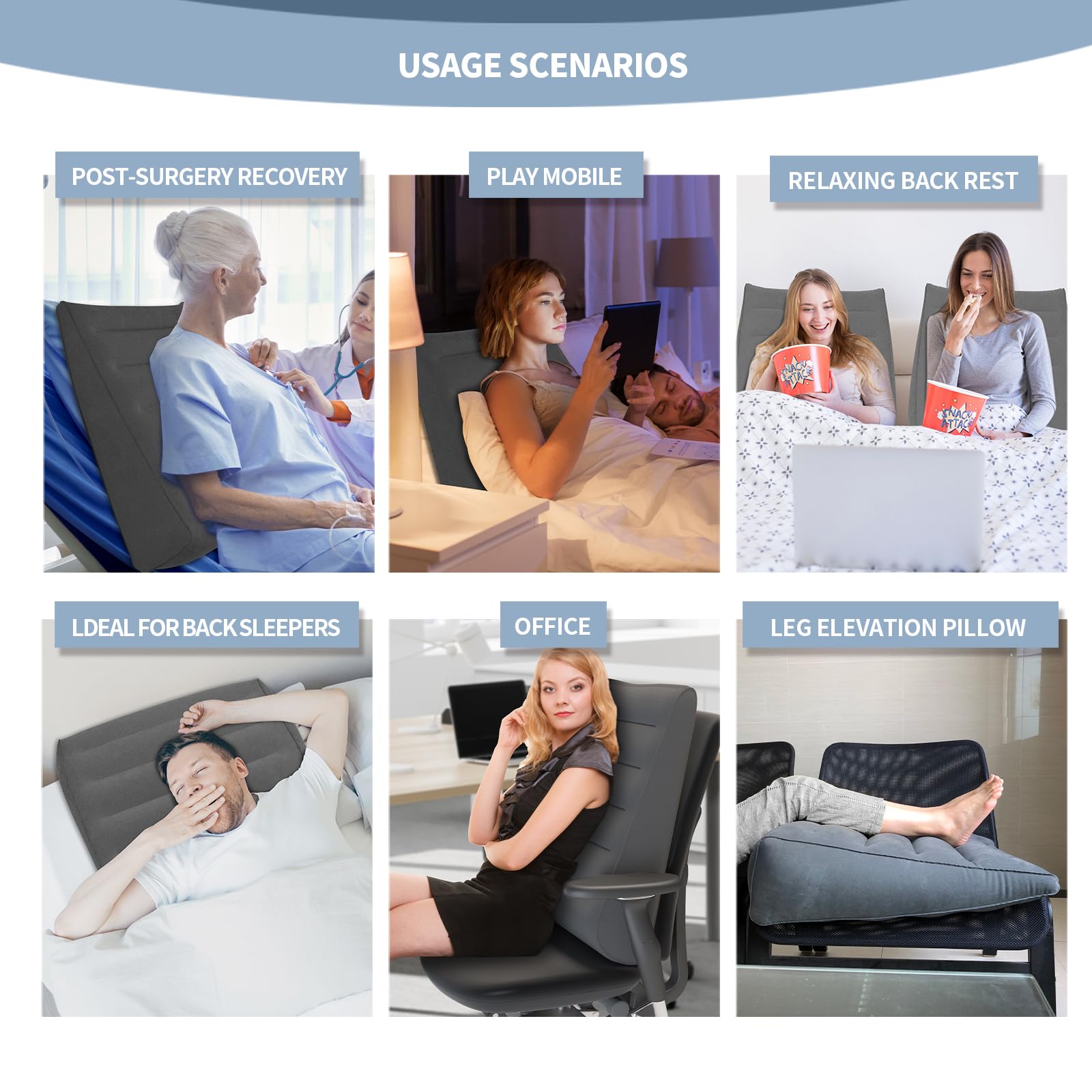 Nevife Almohada inflable de cuña para reflujo, antironquidos, reflujo ácido y ERGE. Posicionamiento para rodillas, brazos, embarazo y hinchazón lateral (gris)