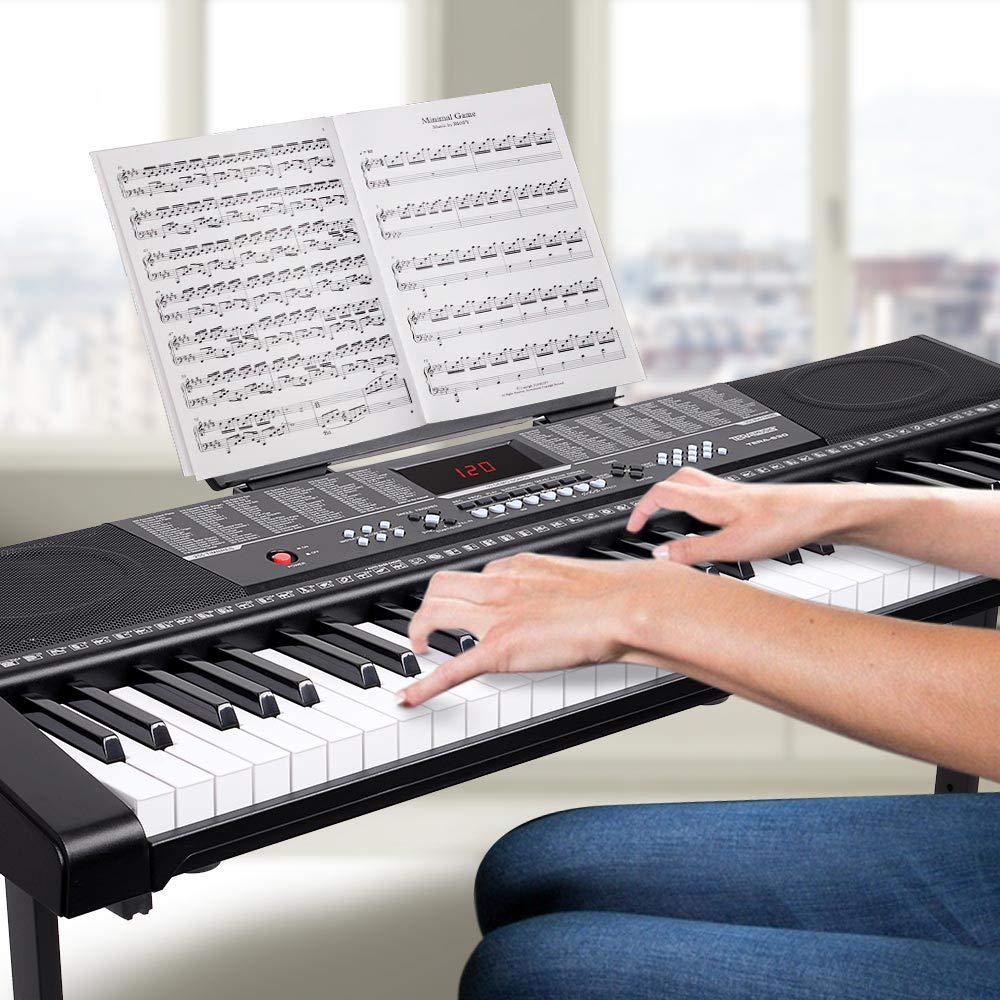 Bakaji - Teclado musical plano electrónico, 61 teclas, piano multifunción con soporte para taburete y auriculares, 255 ritmos, entrada USB AUX y atril