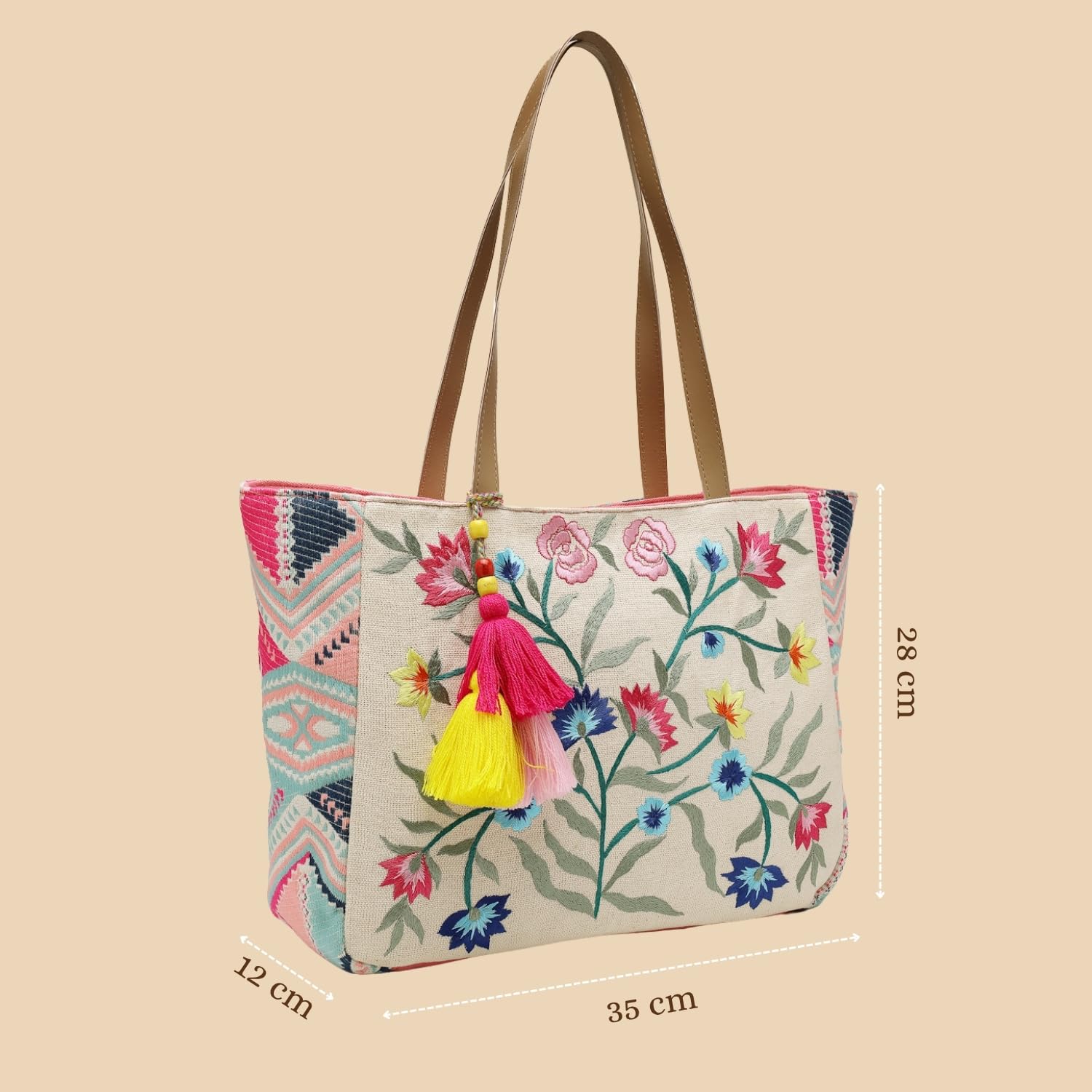 Anekaant Lush Floral Embroidered Cotton Jacquard Tote Bag | Large Multicolor Purse with Tassels for Women & Girls | Daily, Travel, Shopping & Gift Bag 3