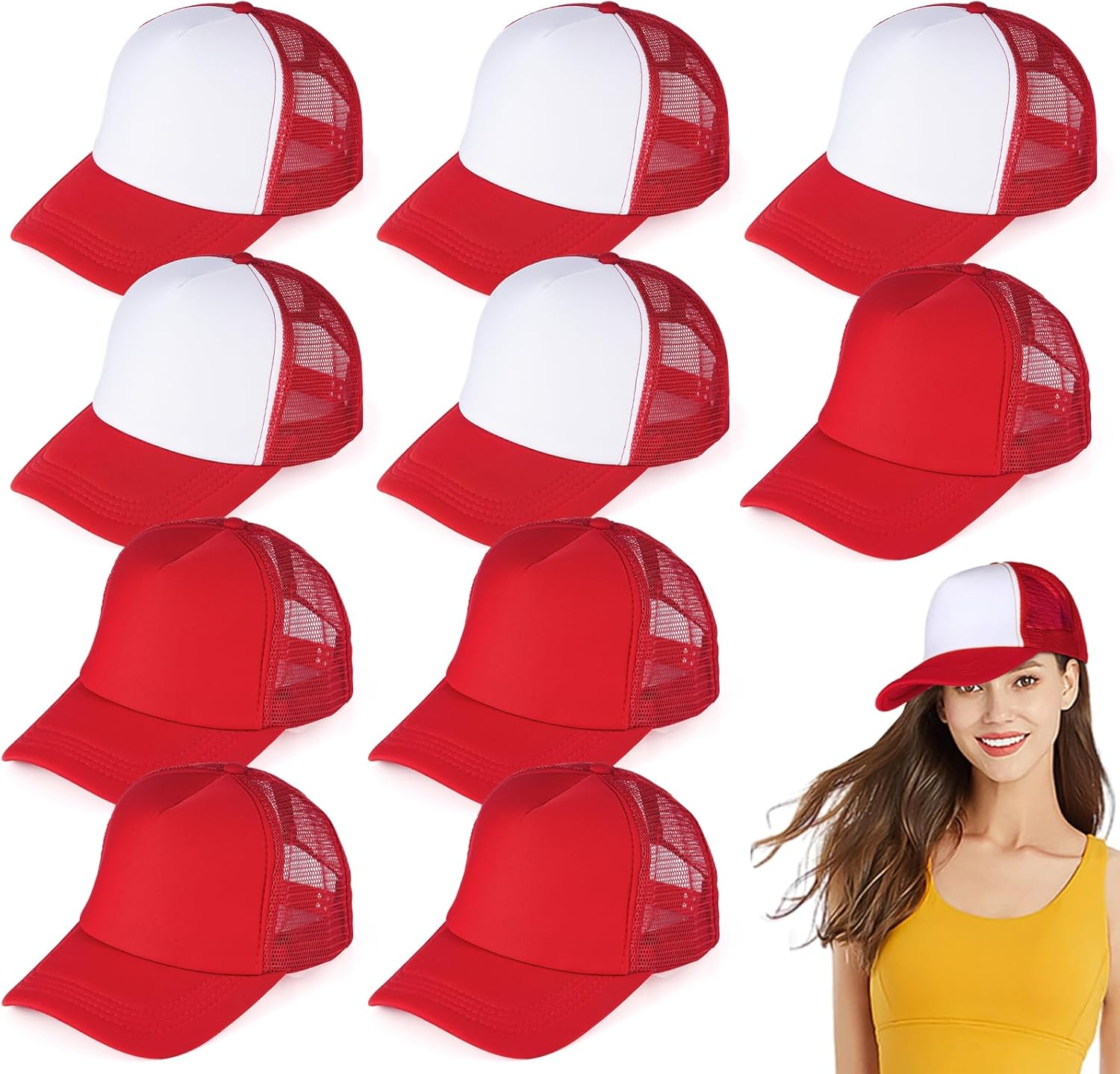 10 PCS Sublimation Blank Trucker Hats Red, Plain Trucker Cap Foam Front High Crown Mesh Back Trucker Hat, DIY Custom Baseball Caps Bulk Adjustable Snapback for Men Women