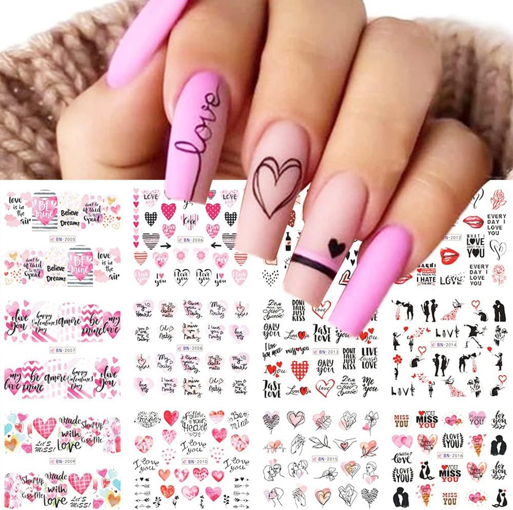 S.A.V.I 12 Sheets DIY Nail Art Water Transfer Decals, Love, Heart, Miss You, Kisses Pattern, Nail Stickers, Nail Tattoo Stickers (Paper)