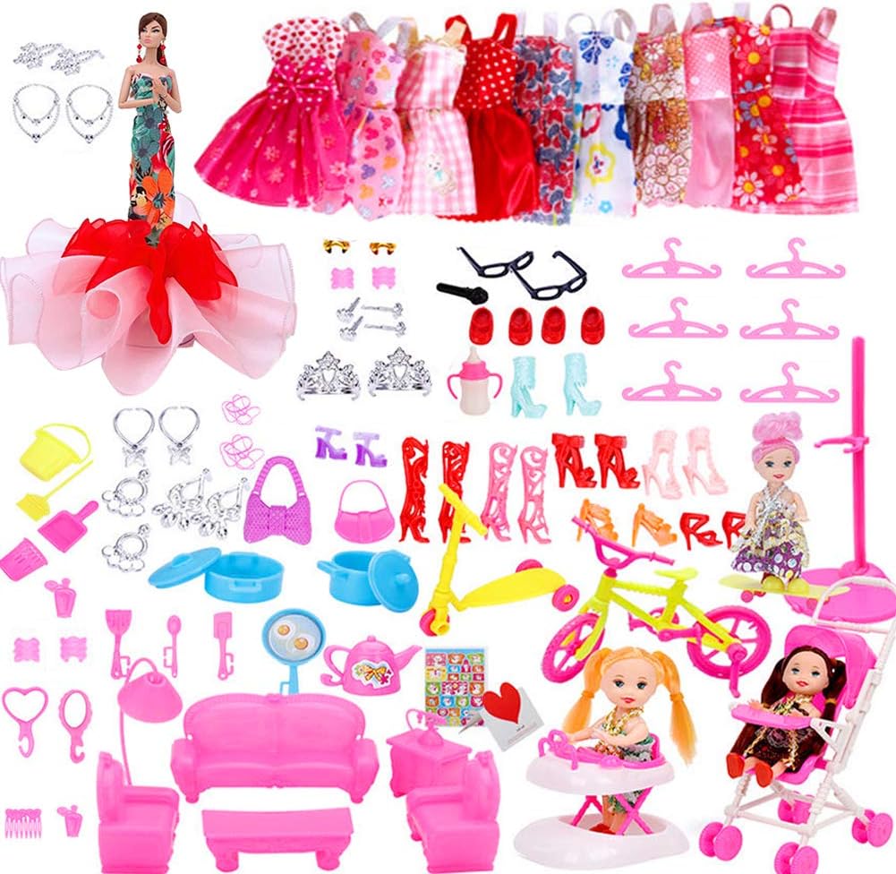 RUNNAN 119 Pack Doll Clothes and Accessories ,1Wedding Dress and 10 PCS Fashion Dresses,108 Pieces Different Doll Accessories