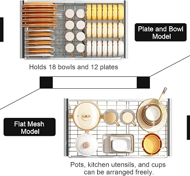 Pull Out Dish Drying Rack, Kitchen Cabinet Dish Racks, Slide Out Drawers, Stainless Steel Drain Rack Storage Rack, Expandable Drainer Drying Rack for Counter & Sink (A-Flat Net Rack, Small)