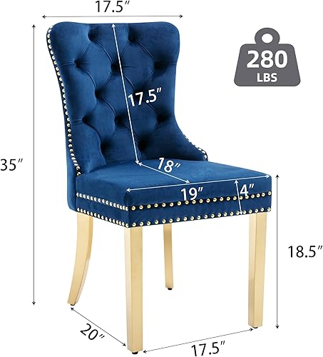 Miniatura 86 de Juego de 2 sillas de comedor, sillas de terciopelo copetudas con patas de acero inoxidable doradas, anillo de metal con ribete de remache, respaldo