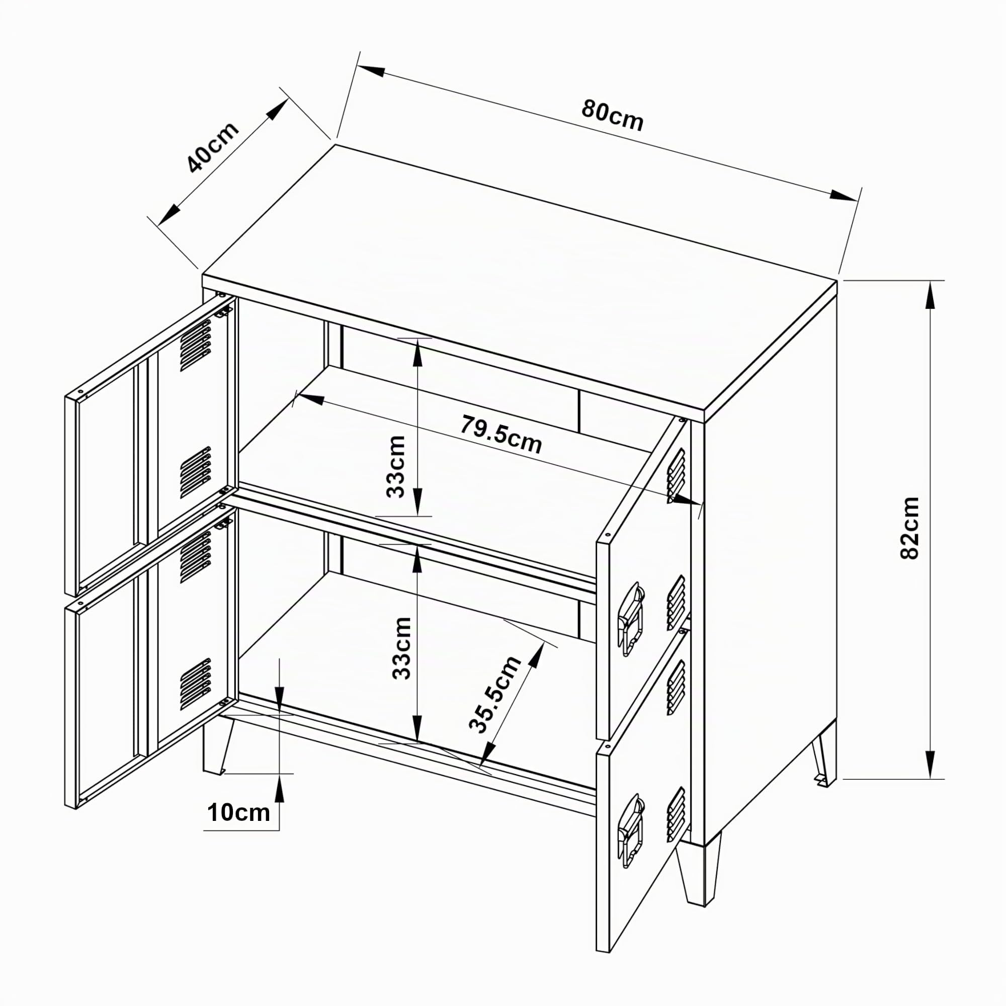 [en.casa] Armario Archivador Hamina Aparador Mueble de Oficina Estudio Garaje con 2 Compartimentos y 4 Puertas con Ranuras de Ventilación Acero 82 x 80 x 40 cm - Negro