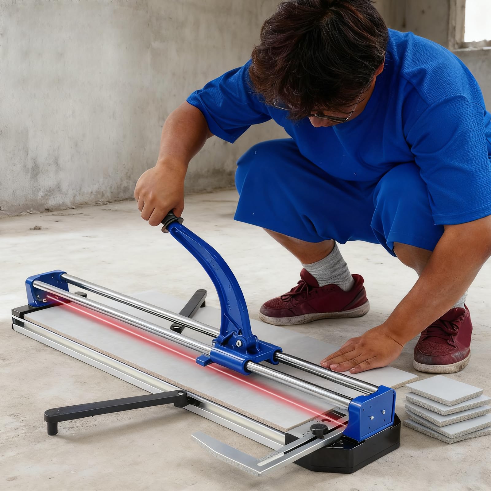 Cortador de azulejos, herramientas manuales de cortador de azulejos, rieles dobles y soportes, manual 3/5 con posicionamiento infrarrojo de precisión para corte de precisión (80 cm)
