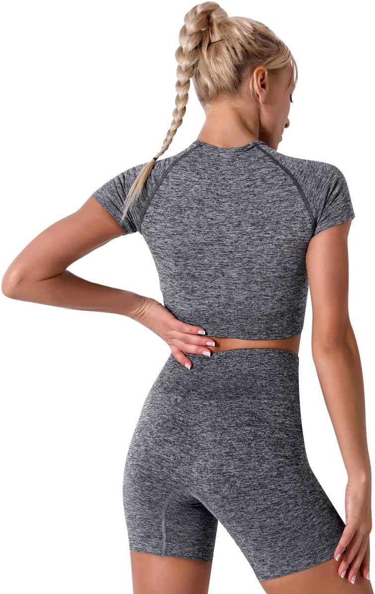 Workout Outfits for Women 3 Piece Set Seamless Yoga Tracksuit Short Sleeve Crop Top Sports High Waist Leggings
