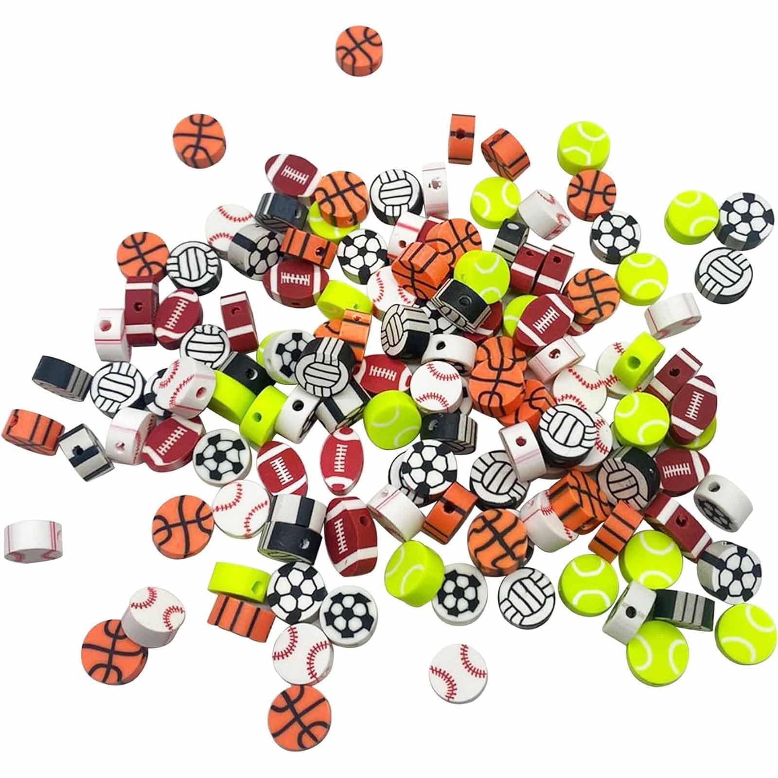 Tazweeq 100 Pieces Sports Ball Polymer Clay Beads, Mixed Spacer Beads, DIY Bracelets, Earrings, Necklaces Jewellery Making Supplies