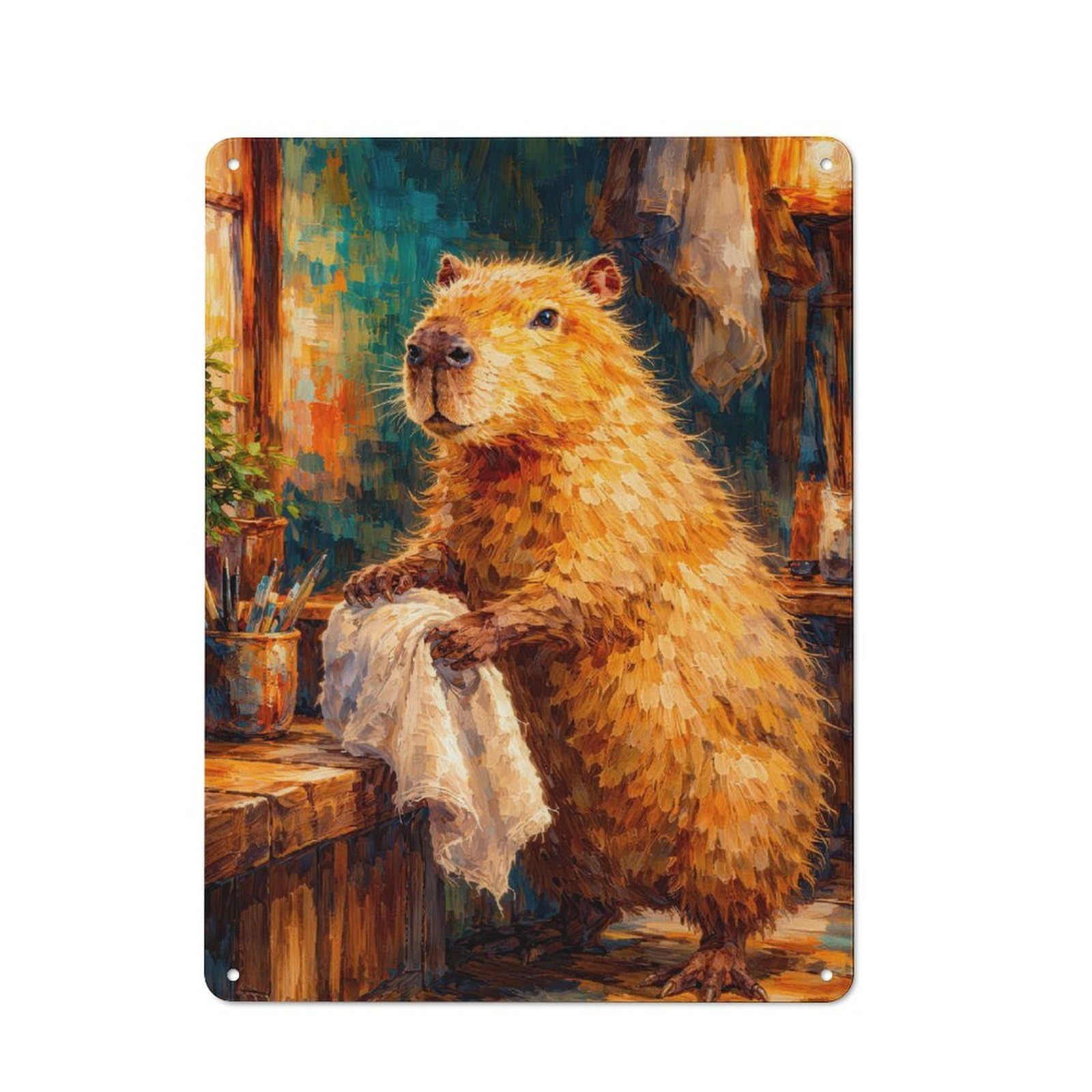 Junmoney Style-2 Metal Wall Sign 40X30cm Featuring Capybara In An Artists Studio For Café Or Home Bar, A Decorative Gift For A Newly Furnished Café And Home Bar