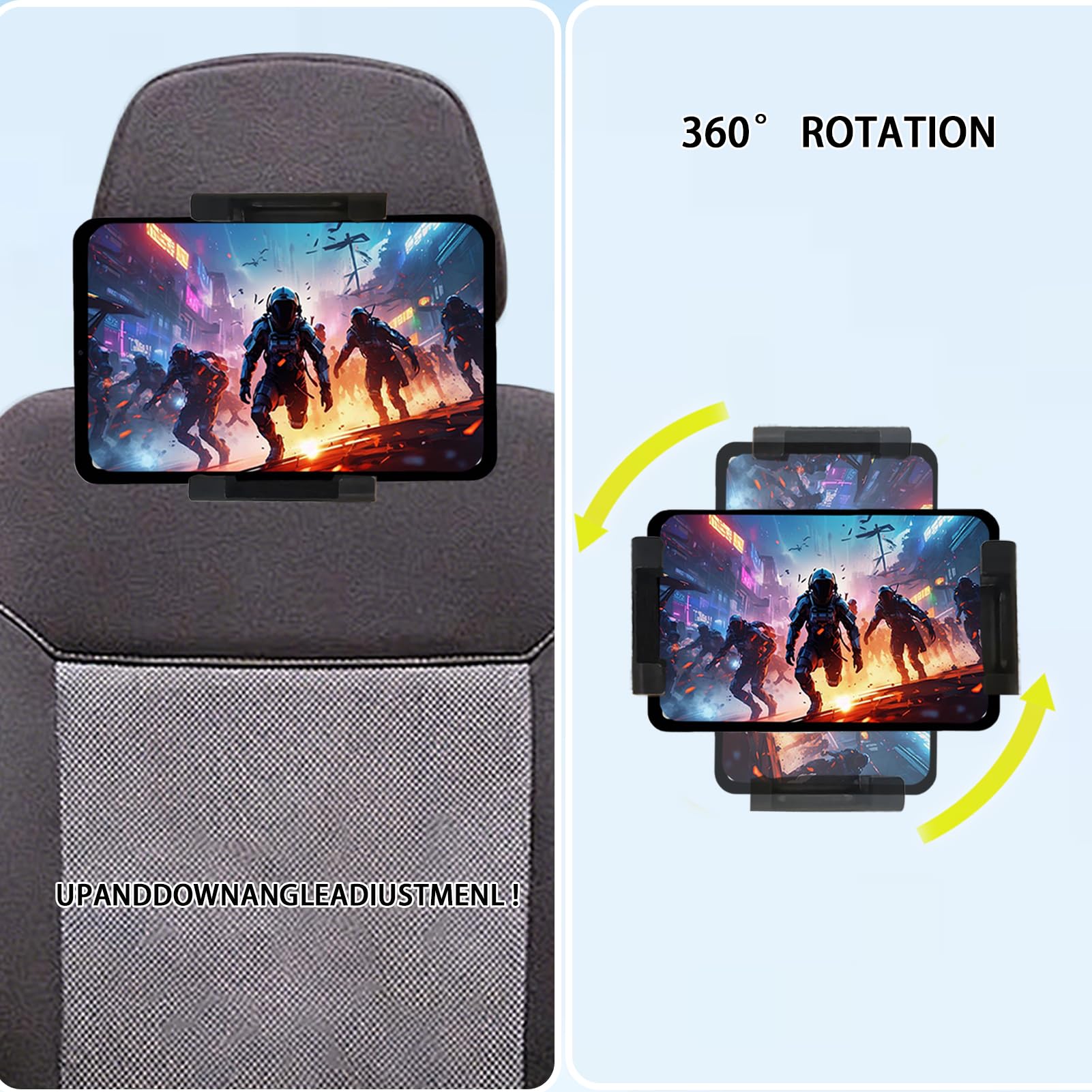 Support d'appui-tête de tablette de voiture réglable et extensible pour siège arrière, support de bras long universel pour les voyages des enfants, compatible avec iPad Pro/Air/Mini, tablettes Samsung