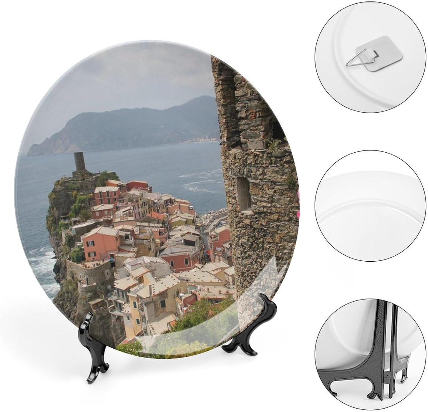 10" Decorative Plate Sea Rocks Travels Italy Sicily Round Ceramic Plate with Display Stand Modern Porcelain Table Plate Wall Hanging Decoration for Home Office Collectible Art Souvenir